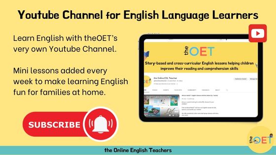 Text reads "Youtube channel for English language learners. Learn English with theOET's very own Youtube channel. Mini lessons added every week to make learning English fun for families at home".