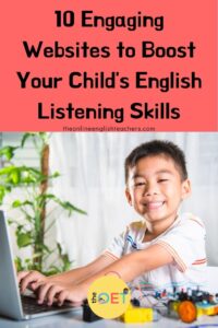 Text reads "10 engaging websites to boost your child's English listening skills" with a picture of a boy smiling whilst sat typing on a laptop.