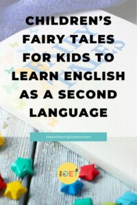 Text reads "Children's fairy tales for kids to learn English as a second language" with an image of a book with the title "Fairy Tales" in the background and surrounded by paper stars.