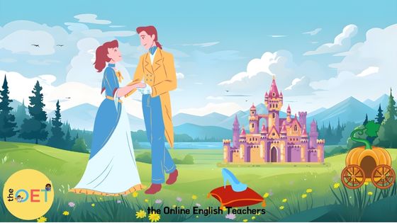 An illustration for children to depict the classic fairy tale, Cinderella. With an open field, glass slipper on a cushion, pumpkin coach, castle, and prince and princess.