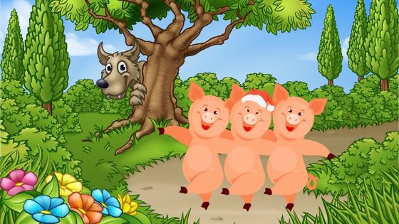 An illustration for children of the classic fairy tale, the Three Little Pigs. The three pigs are skipping together on a path through the forest with a wolf looking at them hiding behind a tree.