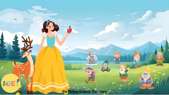 An illustration for children to show the classic fairy tale, Snow White. Snow white is holding a red apple whilst standing next to a deer. The seven dwarfs are in the background in a field with their cottage by a lake.