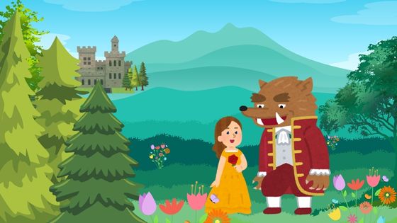 An illustration for children showing the classic fairy tale, Beauty and the Beast with a castle in the background, woodland and flowers surrounding a woman in a yellow dress next to a wolf/bear like beast in traditional, prince clothes.