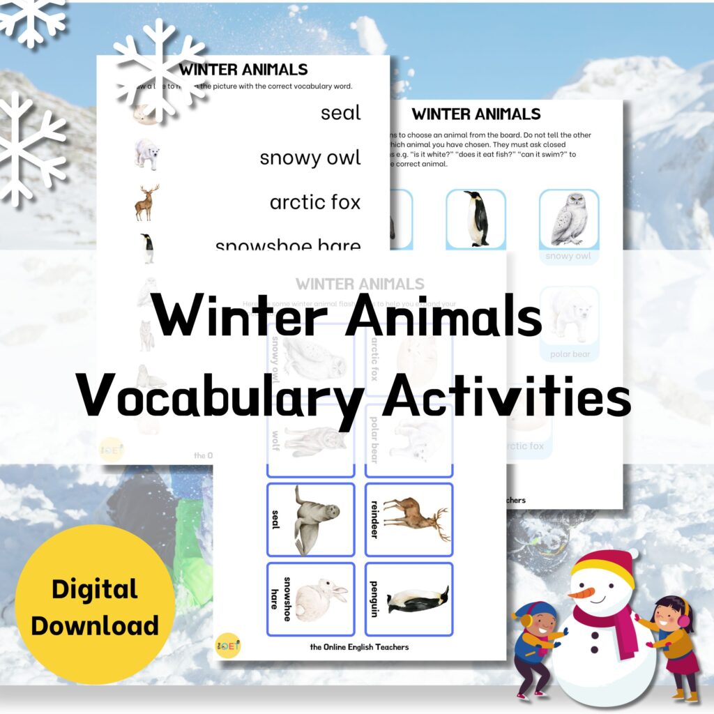 Text reads "winter animals vocabulary activities" with 3 different themed activity mock ups that include flash cards, animal vocabulary matching, and a game of guess who.