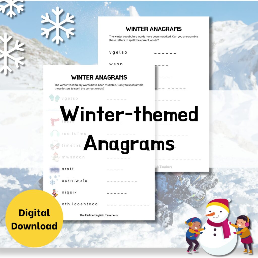 Text reads "winter-themed anagrams" with a mock up of the anagram printable. It has 10 anagram puzzles, one page with picture prompts and another without.