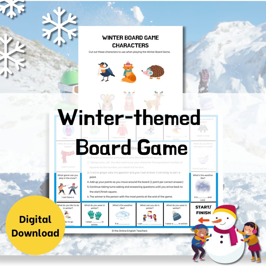 Text reads "winter-themed board game" with a mock up of a printable board game that has questions and answer templates on it, and a print out of characters for the board game that includes animals such as a robin, fox, and hedgehog.