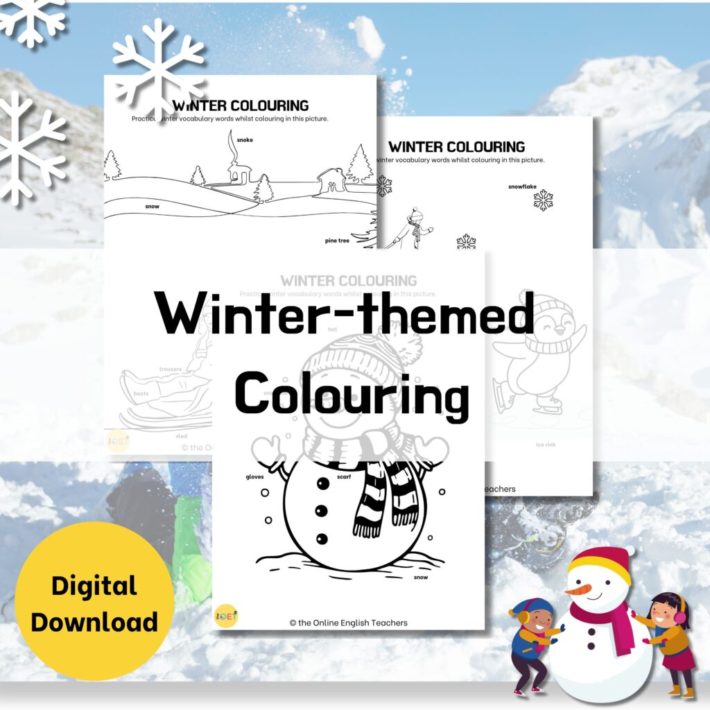 Text reads "winter-themed colouring" with 3 mock ups of winter-themed colouring pictures e.g. a snowman, penguin ice-skating, etc.