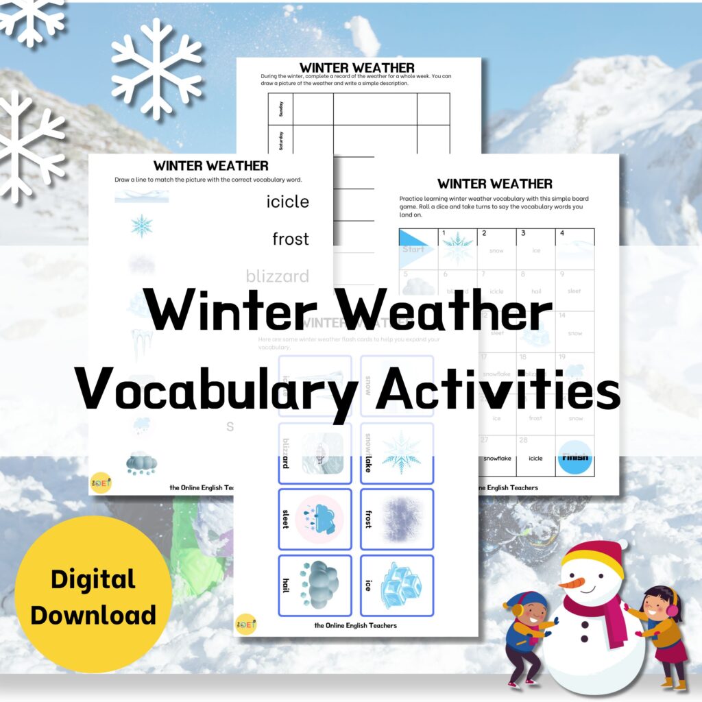 Text reads "winter weather vocabulary activities" with a mock up of 4 activities to practice winter weather including flash cards, a board game, and vocabulary matching.
