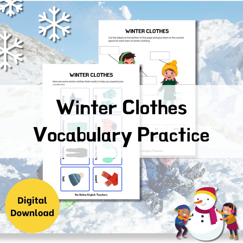 Text reads "winter clothes vocabulary practice" with a mock up of 2 pieces of paper showing winter clothing e.g. hat, scarf, coat, etc.