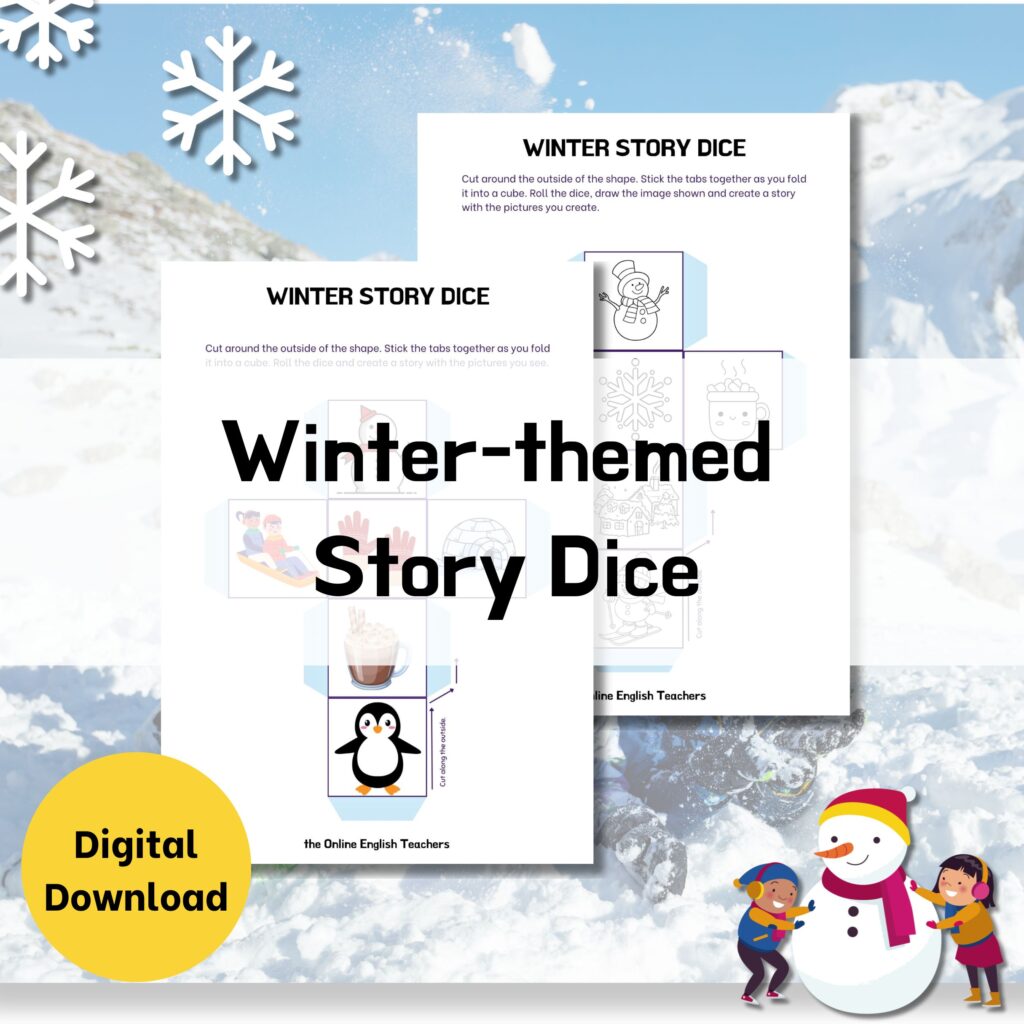 Text reads "winter-themed story dice" with a mock up that inclides 2 story dice. One has coloured in images and the other has black and white outlined images. Images include winter items such as sledging, penguins, snowmen, and hot chocolate.