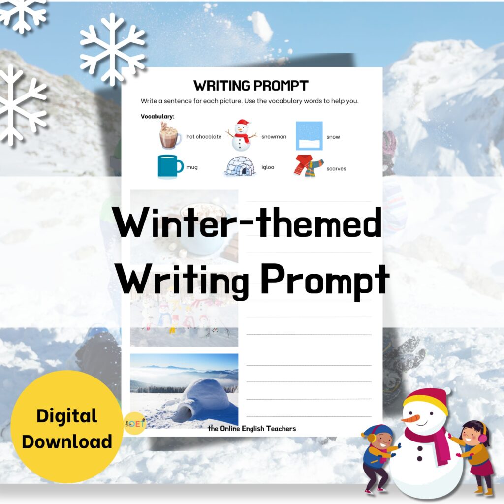 Text reads "winter-themed writing prompt" which includes a mock up of a printable with photos, vocabulary pictures, and lines for writing on.
