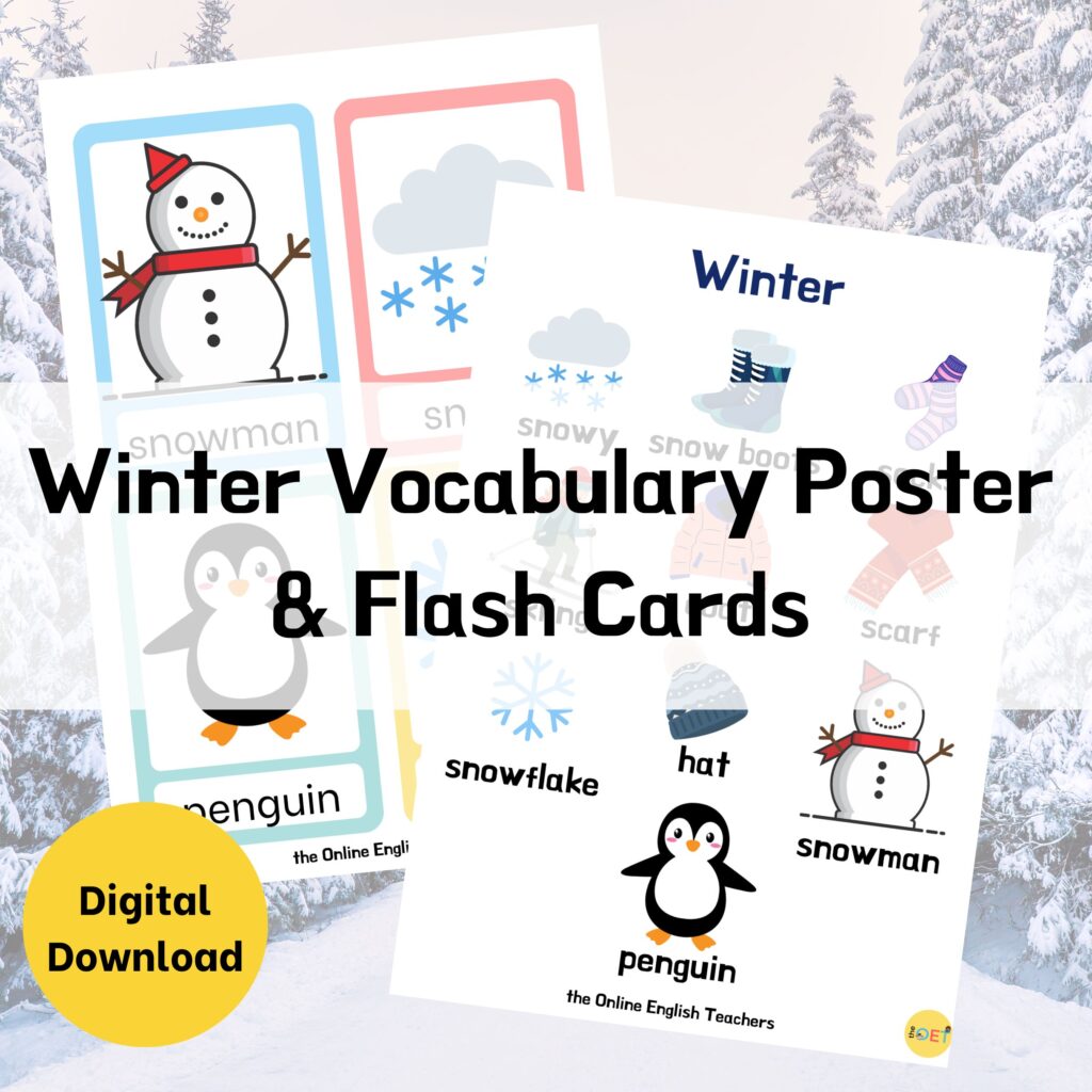 Text reads "winter vocabulary poster and flash cards" with a mock up picture of two A4 printables with winter vocabulary.