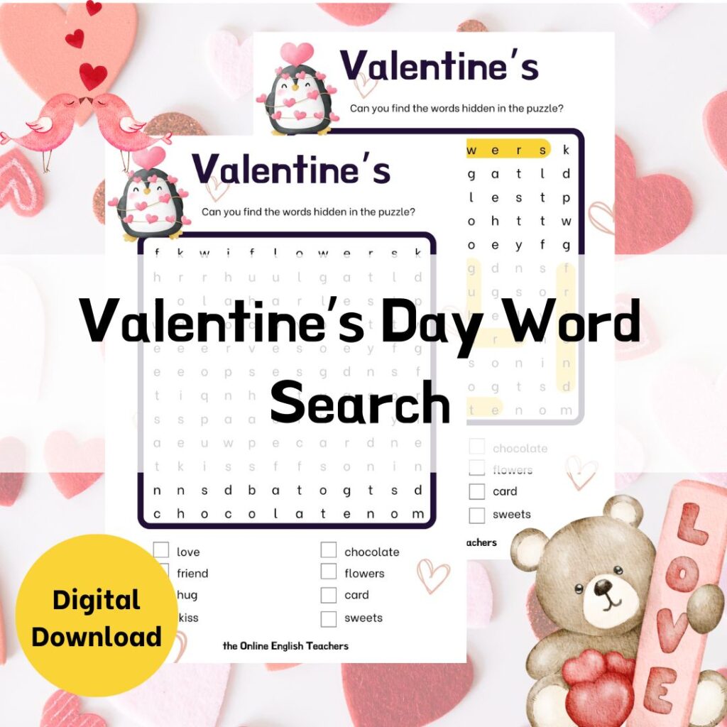 Text reads "valentine's day word search" with a picture of the printable word search and answer sheet.