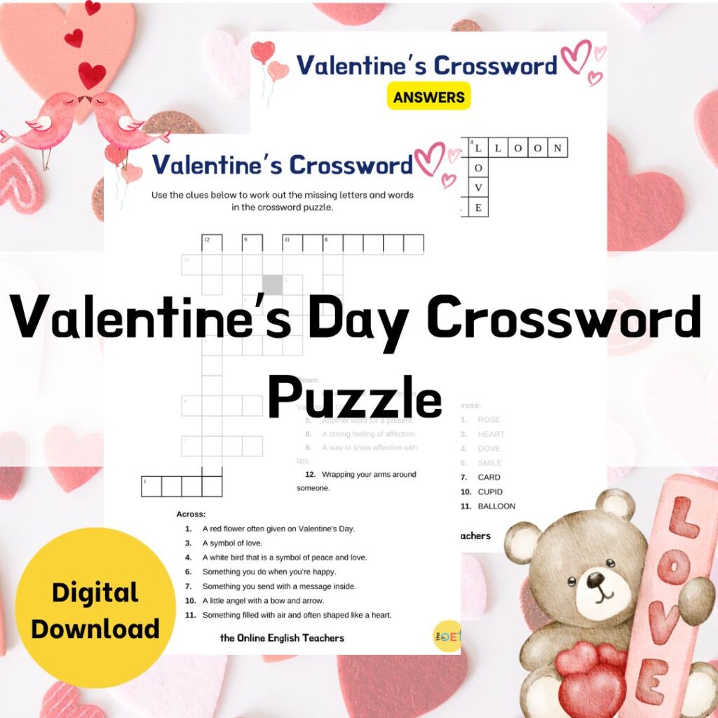 Text reads "valentine's day crossword puzzle" with a picture behind to show the crossword puzzle, clues, and answers.
