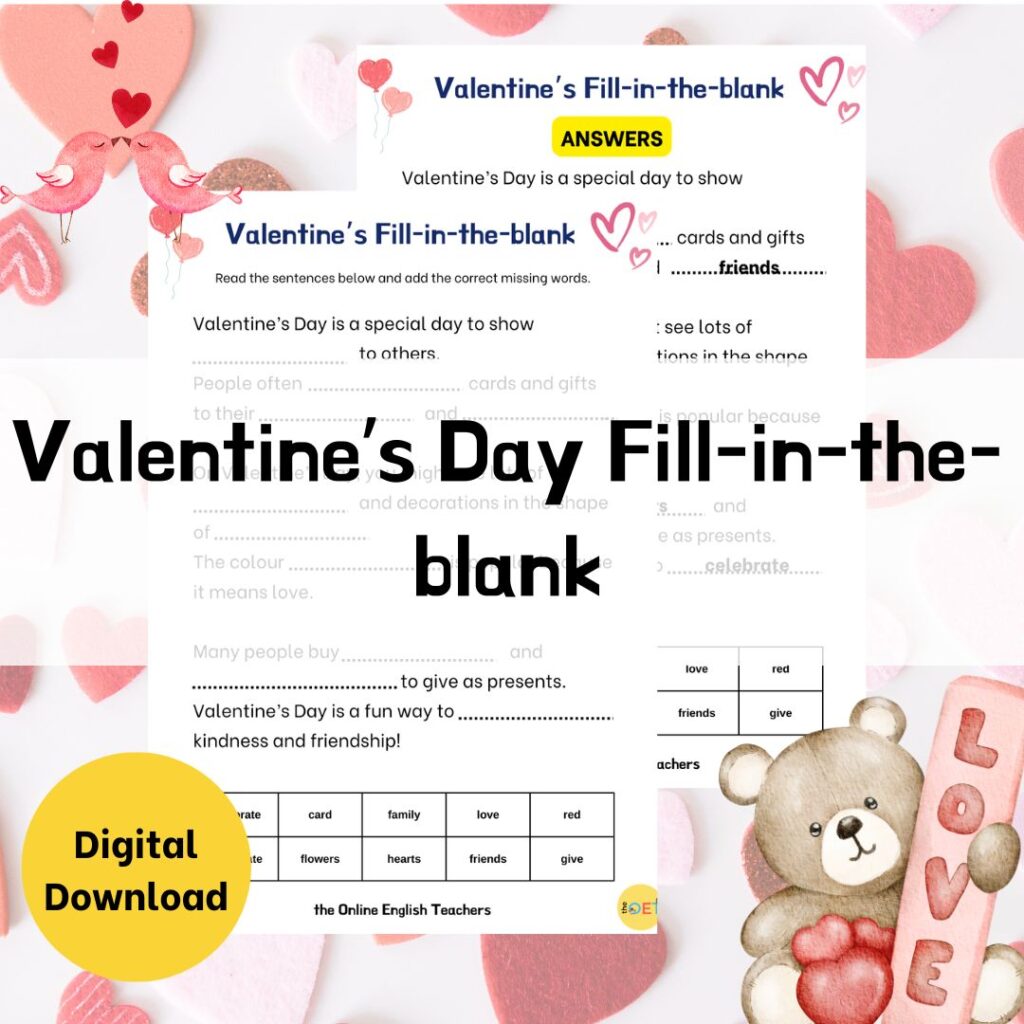 Text reads "valentine's day fill-in-the-blank" with a picture of the printable behind and the answers.