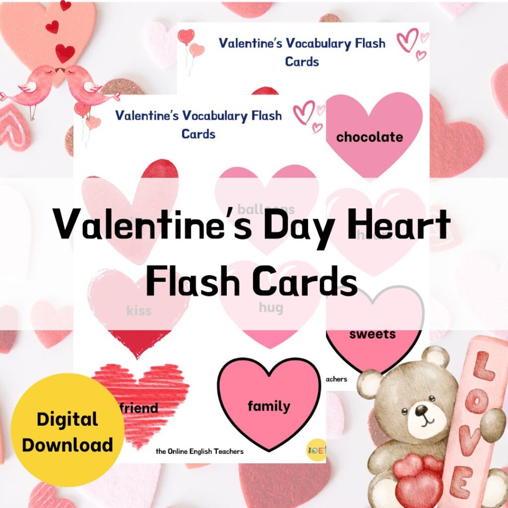 Text reads "valentine's day heart flash cards" with a picture of the printable. There are 12 hearts with one word in each heart for children to learn.