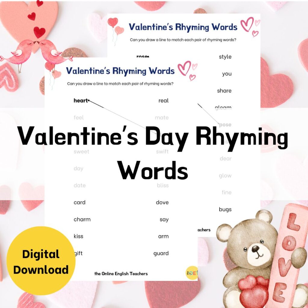 Text reads "valentine's day rhyming words" with a picture of the printable activity with pairs of rhyming words for children to match.