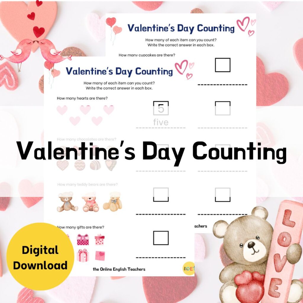 Text reads "valentine's day counting" with the image of the printable behind the text. There are 8 different types of images for children to count and write the answer.