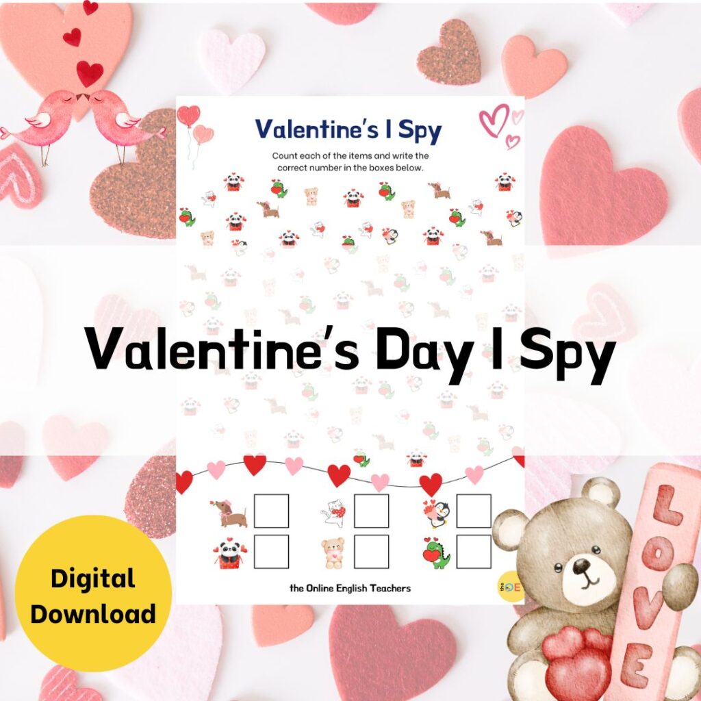 Text reads "Valentine's day I spy" with a picture of the printable behind. It has 6 images of different amounts of children to count.