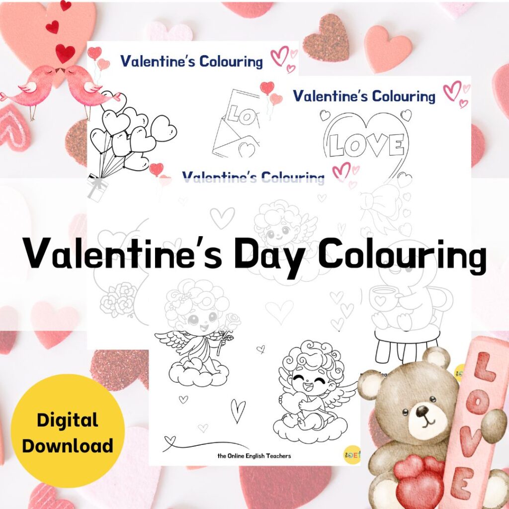 Text reads "valentine's day colouring" with a picture of three colouring pages to print.