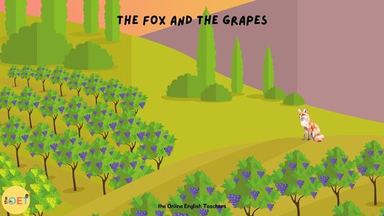 An illustration to show the fable "The fox and the grapes" with a picture of a fox on a hillside looking at a grape vineyard.
