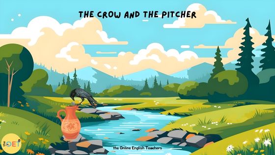A river in the centre with green grass and tall trees either side. Near the river on the stones is a brown pitcher with a crow sitting on the top droppings stones into it. The text reads "The crow and the pitcher" to depict the fable story.