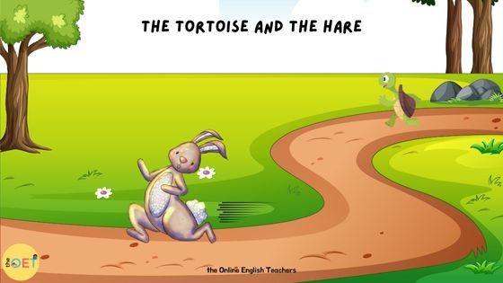 An illustration of the popular fable story "The tortoise and the hare" with a picture of the hare running in front and a tortoise far behind.