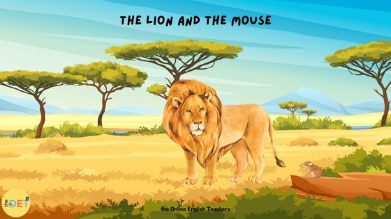 An illustration of the popular fable story "The lion and the mouse" with a picture of a lion looking at a small mouse in the Savannah.