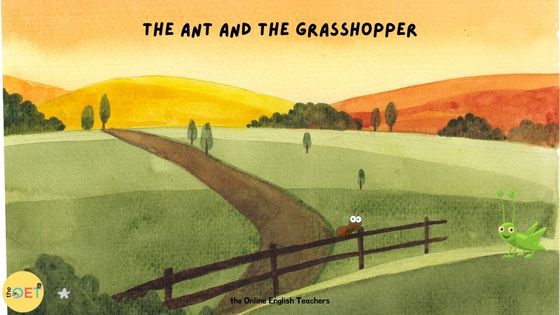 A sunset in the background with rolling hills. In the foreground is a green grasshopper and a brown ant sat on a fence. The text reads "the ant and the grasshopper".