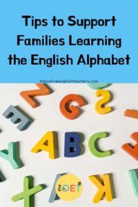 Text reads "Tips to support families learning the English alphabet" with a bird's eye view of a white table with English letters all around with the letters ABC in the middle.