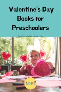 Text reads "valentine's day books for preschoolers" with a picture underneath of a preschool aged boy holding up his valentine's day craft of red and pink paper hearts stuck together.