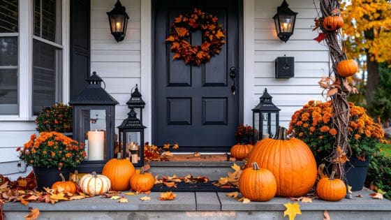 Image shows a photo of the front door of someone's house from the outside. It is decorated for autumn/halloween with lots of orange pumpkins, orange leaves and a leaf wreath, lanterns with candles inside.