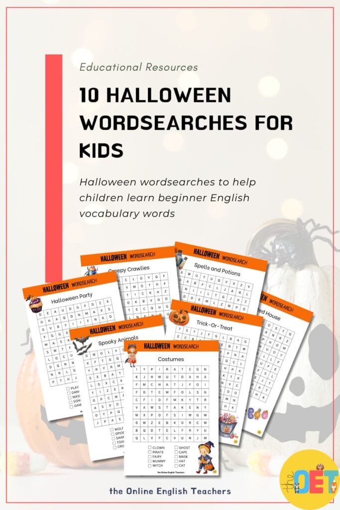 Image has a photo of two ceramic jack-o-lanterns. In front the text reads "10 halloween wordsearches for kids. Halloween wordsearches to help children learn beginner English vocabulary words". There is an image under the text showing different wordsearch templates.