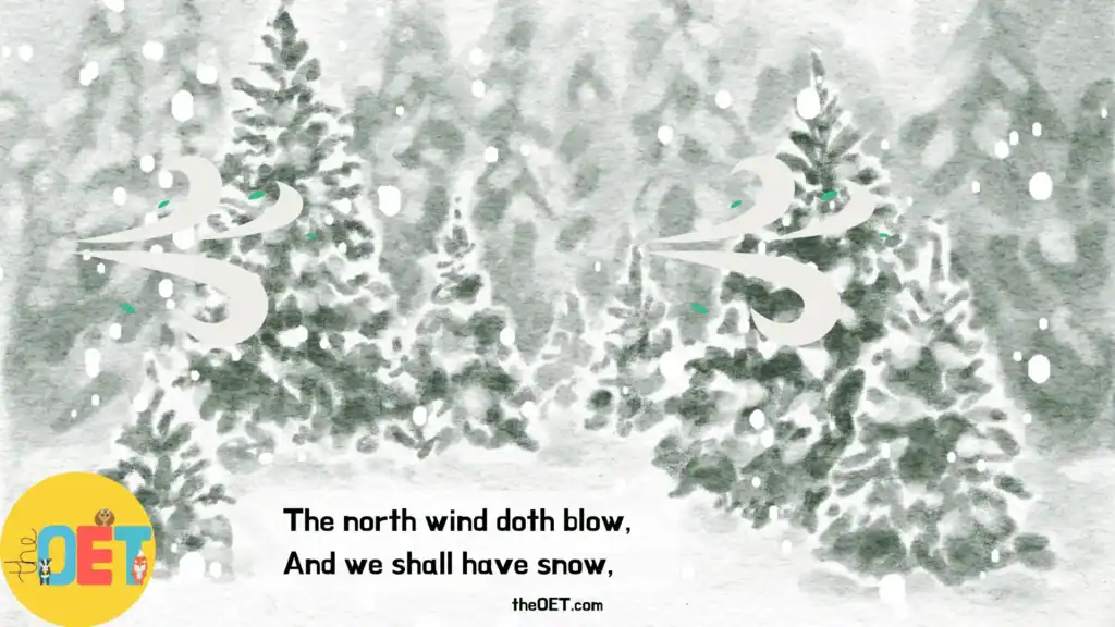 Text reads "the north wind doth blow and we shall have snow" a slide taken from the north wind doth blow story read aloud. Illustration behind the text shows snow covered forest with pine trees.