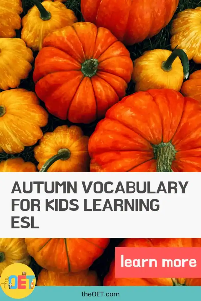 Text reads "Autumn vocabulary for kids learning ESL" with a birds eye view photo of different yellow and orange pumpkins