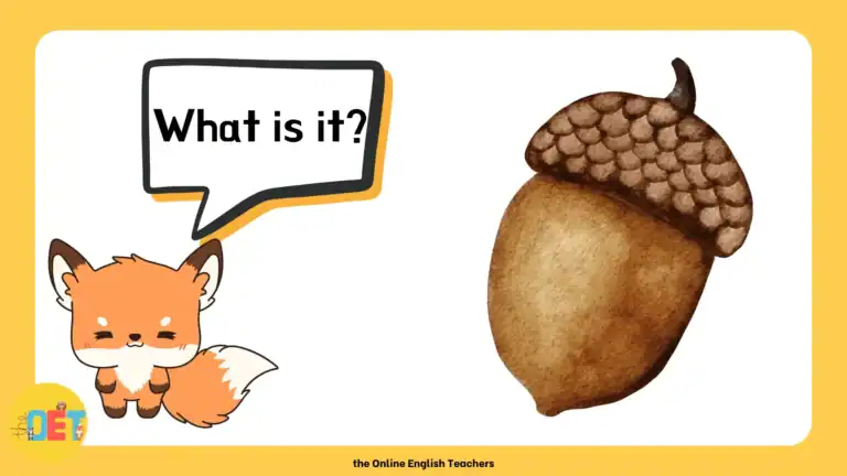 graphic showing an image of a fox character that says "what is it?" as part of the autumn vocabulary game and an illustration of an acorn.