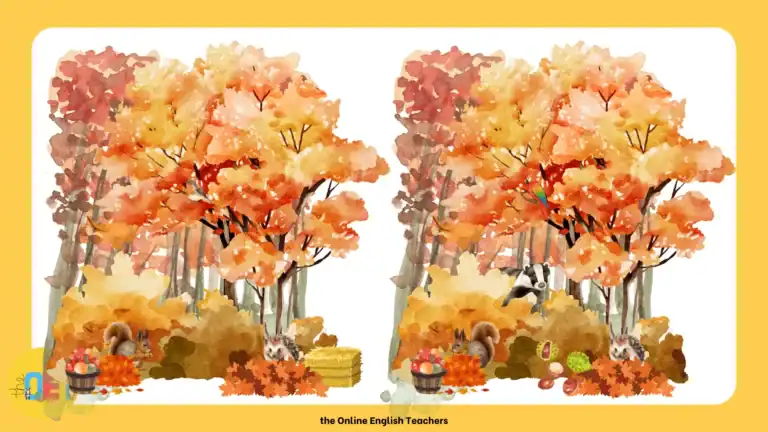 a spot the difference image. On the left, an autumn illustration is shown. it is duplicated on the right but with 5 items changed. The images include autumn trees, bushes, animals, and things such as apples and hay.