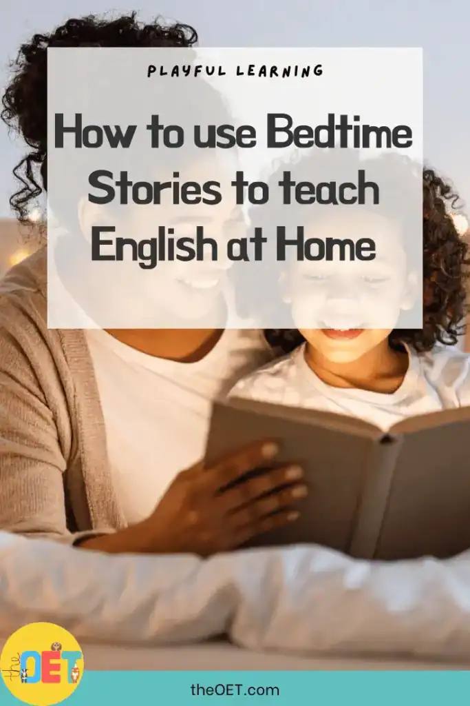 Text reads "how to use bedtime stories to teach English at home" with a photo of a mum and daughter reading a bedtime story together.
