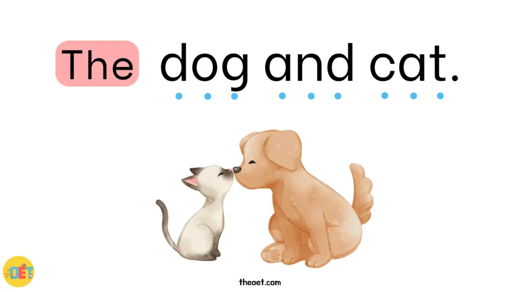 simple phonics sentence "The dog and the cat" with an illustration of a cat and a dog.