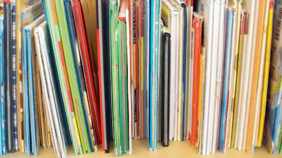 A book shelf with lots of children's books to choose from.