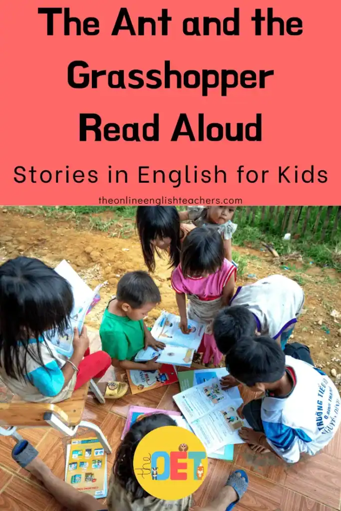 Text reads "the ant and the grasshopper read aloud. Stories in English for kids" with a photo of children sat outside on the floor reading a range of story books.