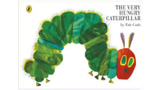 image of the book cover, "The Very Hungry Caterpillar" which has a green and red caterpillar.