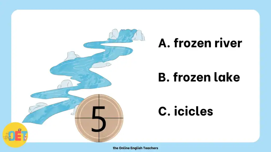 a slide from a youtube video which has an illustration of a frozen river and three word choices with a countdown timer - frozen river, frozen lake, and icicles