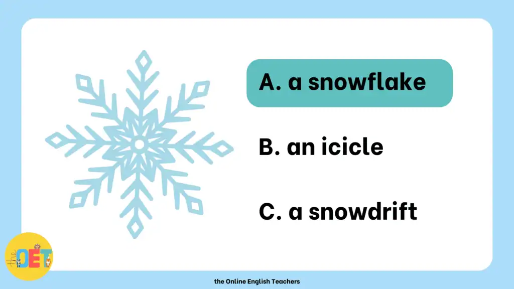 a visual slide from a youtube video with a snowflake illustration and three word choice options a snowflake, an icicle, or a snowdrift