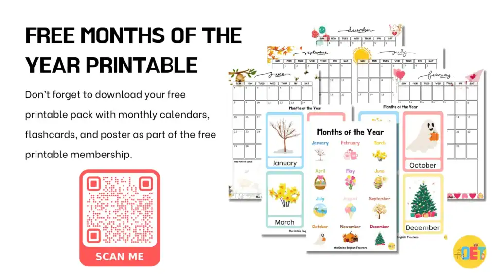 An image that shows the months of the year free printable available with a months of the year poster, flashcards, and calendar template.