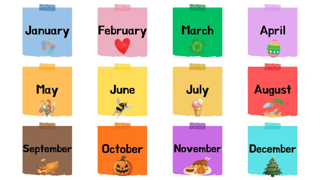 image shows illustration with 12 post it notes, each has one month of the year vocabulary word and an associated illustration.
