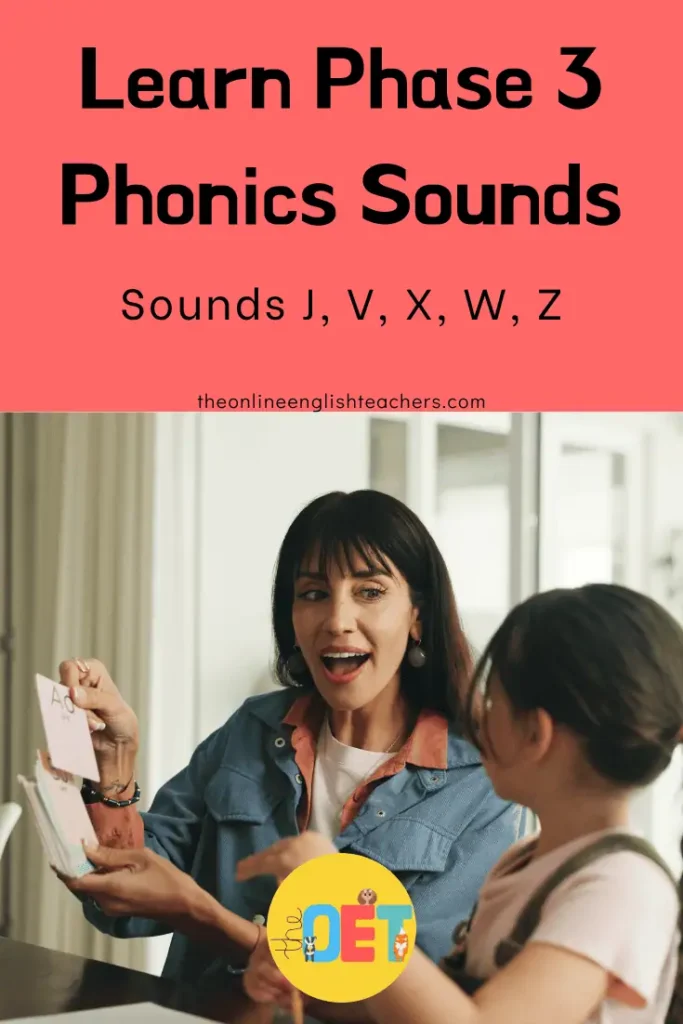 Text reads "learn phase 3 phonics sounds. sounds j, v, w, y, x, z" with a photo of a mum teaching her daughter sounds.
