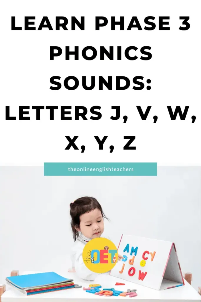 Text reads "learn phase 3 phonics sounds letters j, v, w, y, x, z" with a girl underneath looking at a whiteboard with sounds.