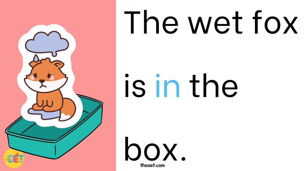 Phase 3 sentence for kids to read "the wet fox is in the box" with an illustration of a fox with a rain cloud over it in a box.