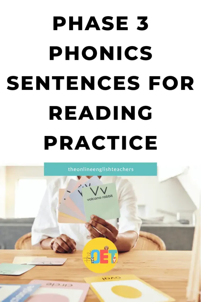 Text reads "Phase 3 phonics sentences for reading practice" with a photo of a person holding up a flashcard for Vv.